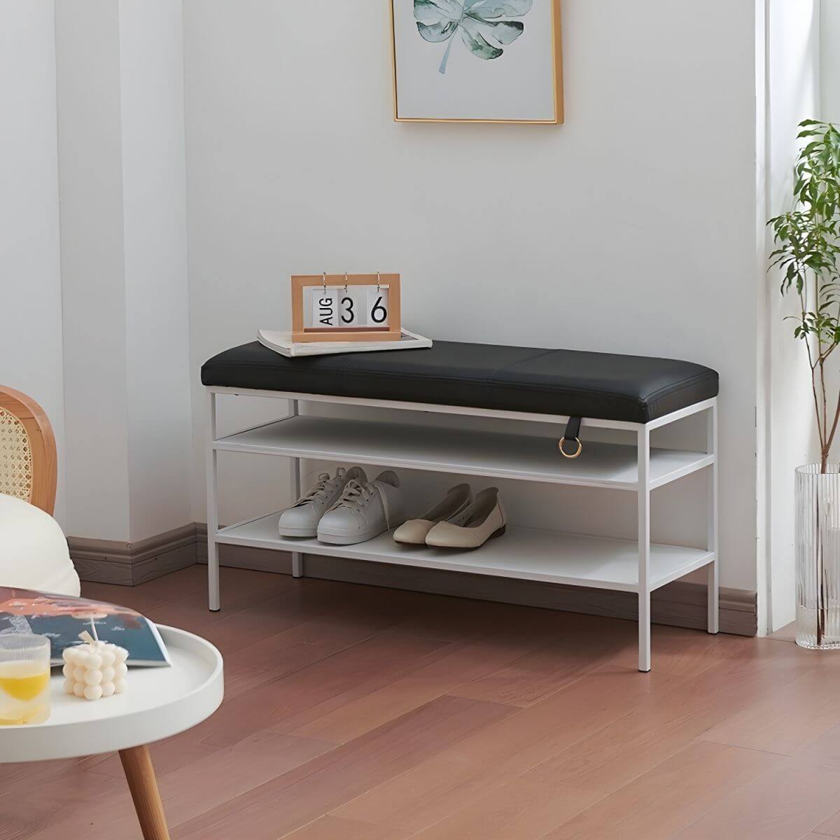 Stylish storage ottoman with metal shelves