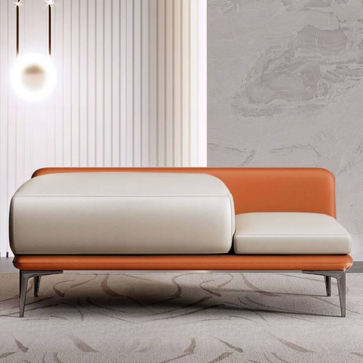 Rectangular sitting bench indoors with leather upholstery