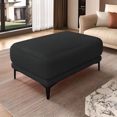 Side view of gray leather ottoman with sponge cushion