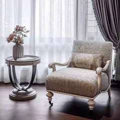 Rustic damask accent chair with roller wheels