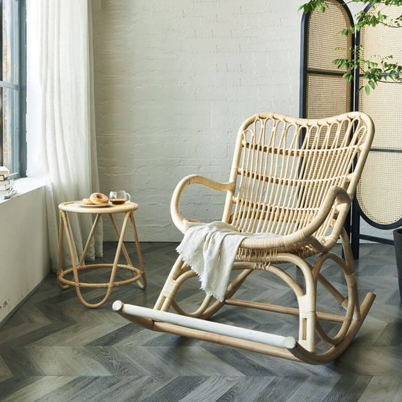 Scandinavian Rattan Rocking Chair with Natural Wood Legs and Track Arms, 28.5"L x 45"W x 40.5"H Secondary image
