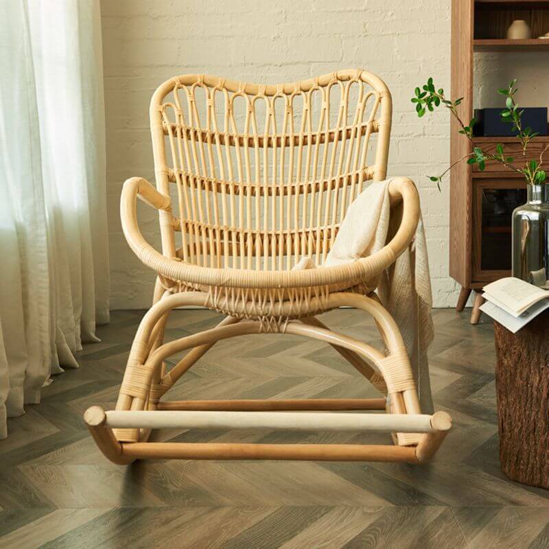 Detailed shot of the rattan seat of the rocking chair