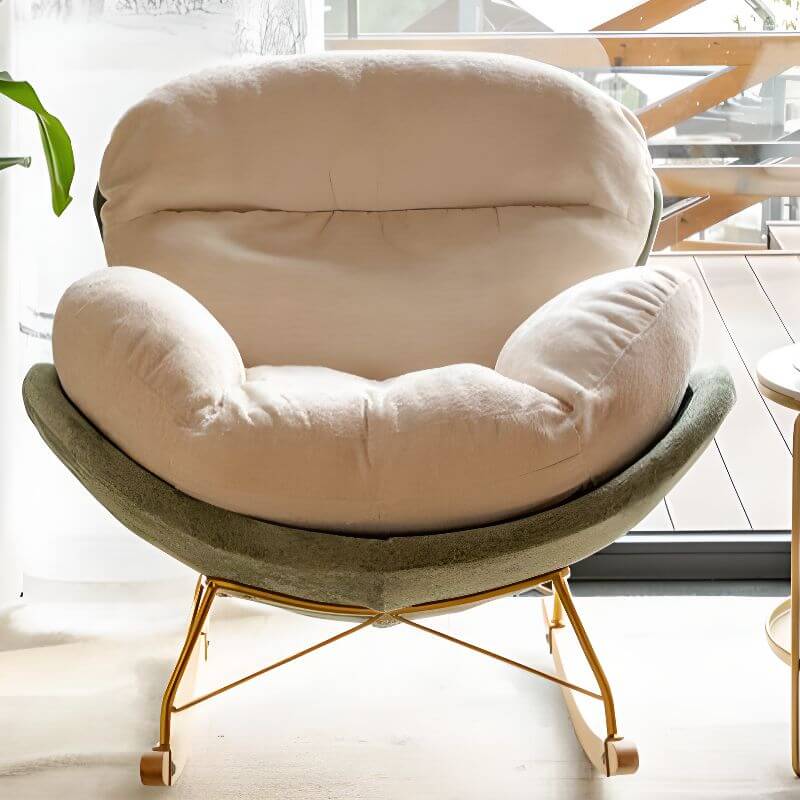 White and green upholstered rocking chair with wooden legs