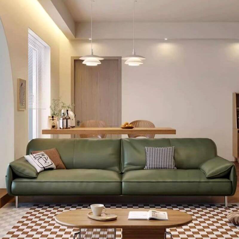 スクラッチ耐久性のあるオリーブグリーンのソファカウチ/ラブシート/シングルソファ、パイン材、ワイドピローバック、6人掛け/5人掛け/4人掛け、ピロートップアーム、3/1ピロー サブ画像