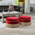 Ruby colored pouf with wood frame