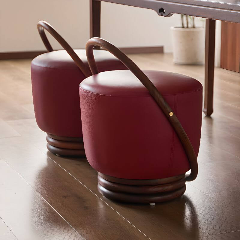 Brown upholstered stool with wooden frame