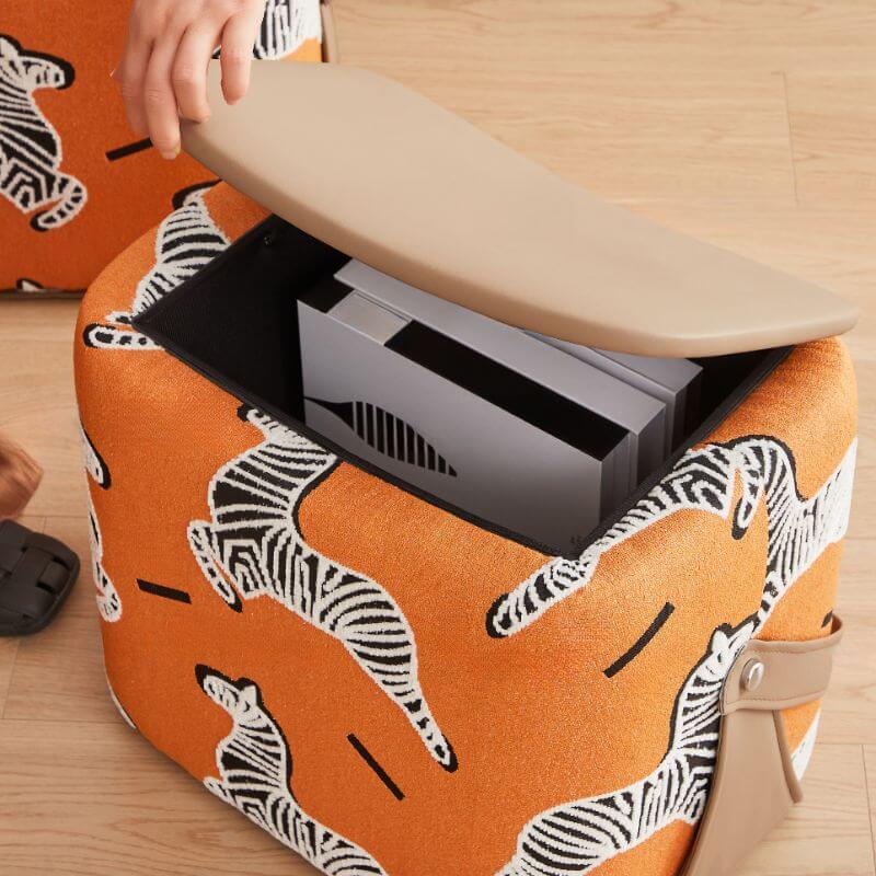 Simplistic Rectangular Animal Print Cube Ottoman in Apricot