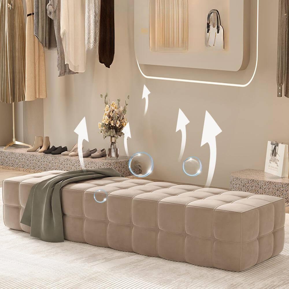 Simplistic Rectangular Solid Color Flannel Standard Ottoman in Grey/Midnight Black/Beige with Decorative-stitched Secondary image