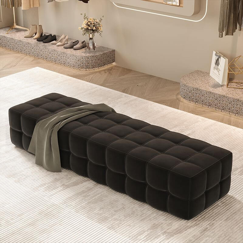 Simplistic Rectangular Solid Color Flannel Standard Ottoman in Grey/Midnight Black/Beige with Decorative-stitched Secondary image