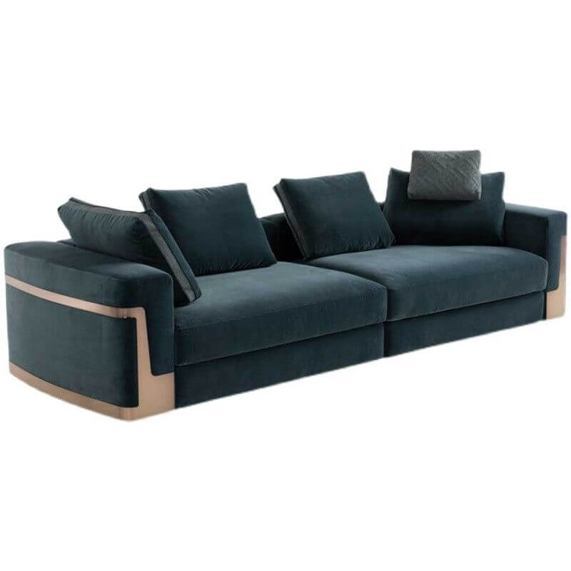 Minimalist dark blue couch on wooden floor