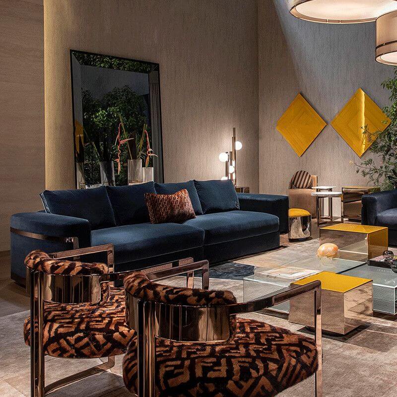 シンプルなソリッドカラーのダークブルー4人掛けソファ サブ画像