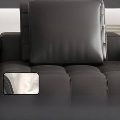 Simplistic ivory and black upholstered sofa from a side angle