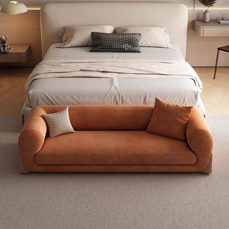 Modern grey upholstered bedroom bench with arms