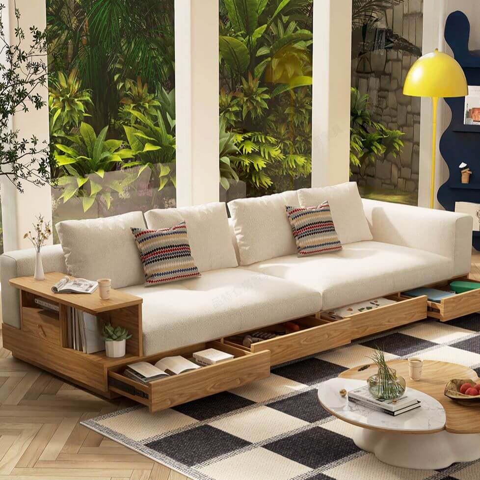 隠し収納と取り外し可能なクッション付きスリックアッシュウッドオフホワイトソファカウチ サブ画像