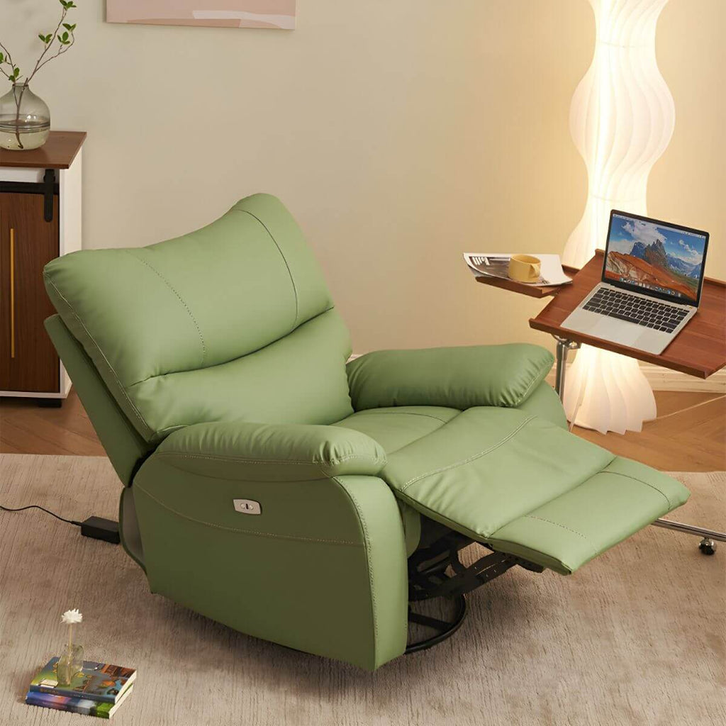 modern small recliner in green upholstery