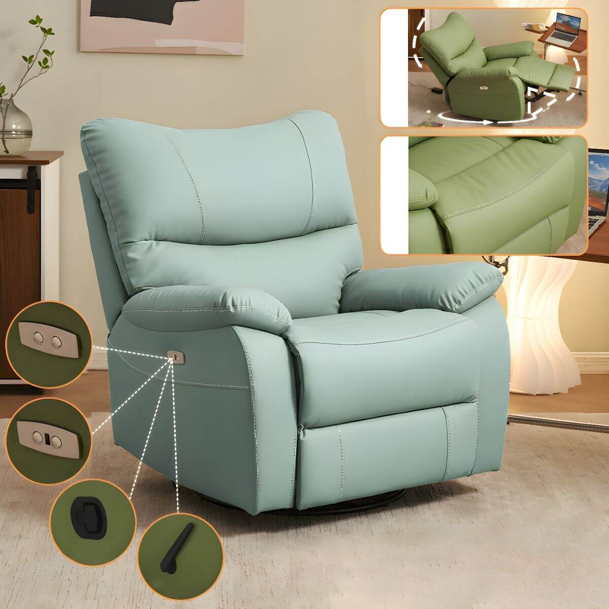 modern small recliner in green upholstery
