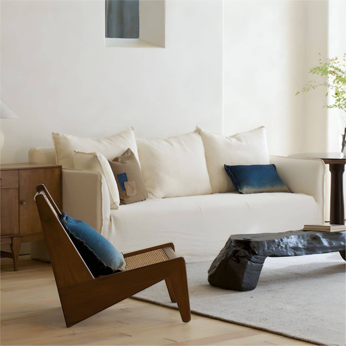 Wood-framed recliner in a cozy setting