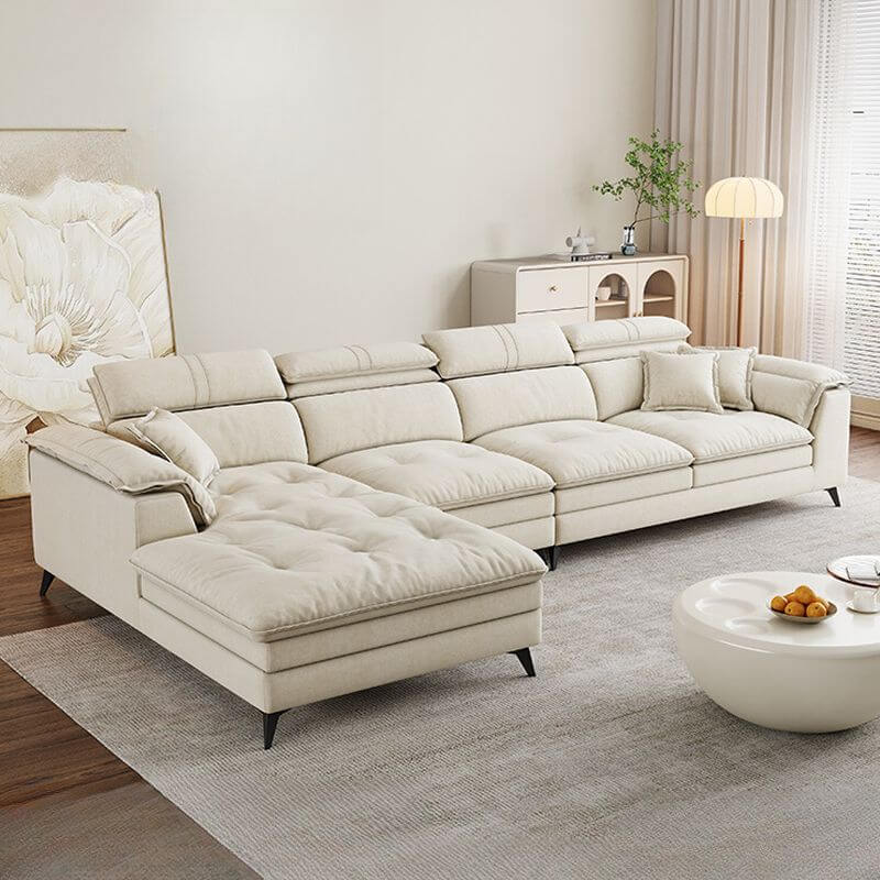 Soft-white button-tufted L-shape sofa chaise front view