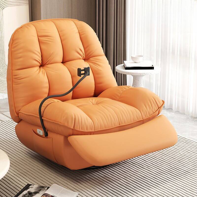 A solid color manual recliner with wood swivel rocker base and lumbar support.