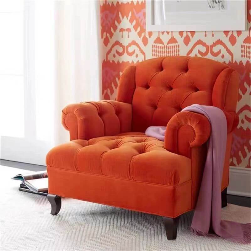 solid color pine apricot tufted arm chair front view