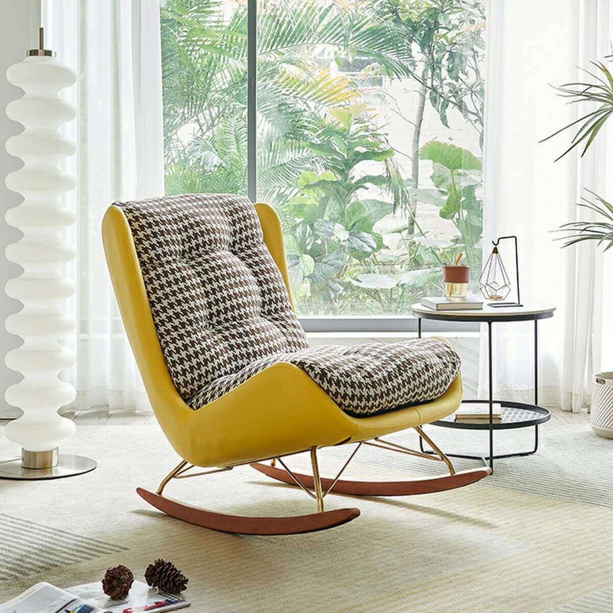 Modern brown upholstered rocking chair front view