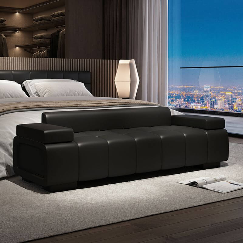 Banc d'assise rembourré en cuir véritable à motifs piqués en gris/ivoire/auburn avec accoudoirs dans un style tendance Image secondaire du produit