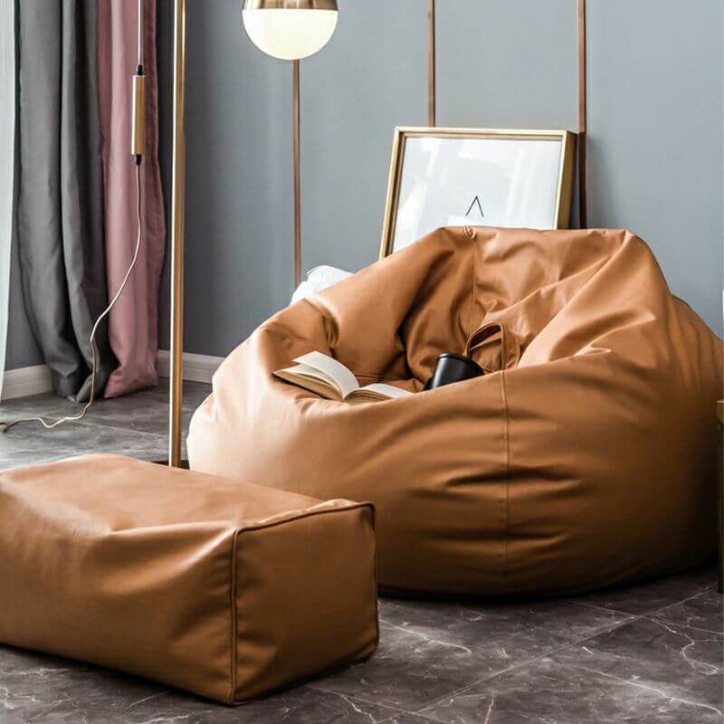 Faux leather bean bag ottoman set in vibrant orange