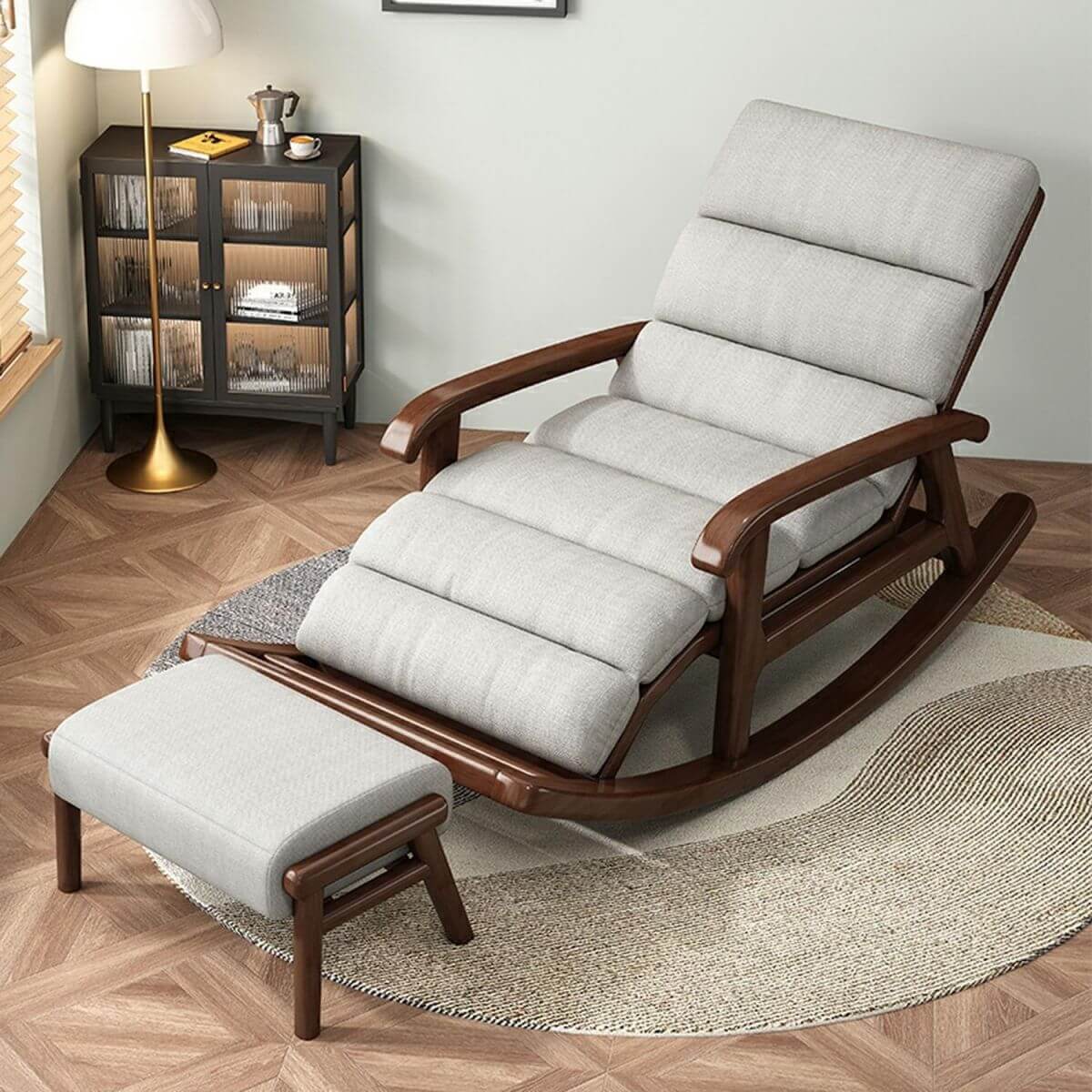 Stylish Grey Upholstered Rocking Chair Front View