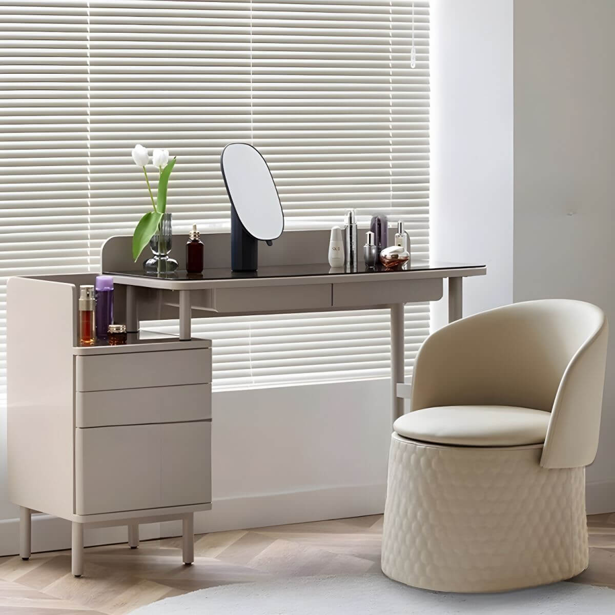 高さのあるモダンな白色フェイクレザー化粧台用スツール、折りたたみ可能な背もたれと車輪付き収納 サブ画像