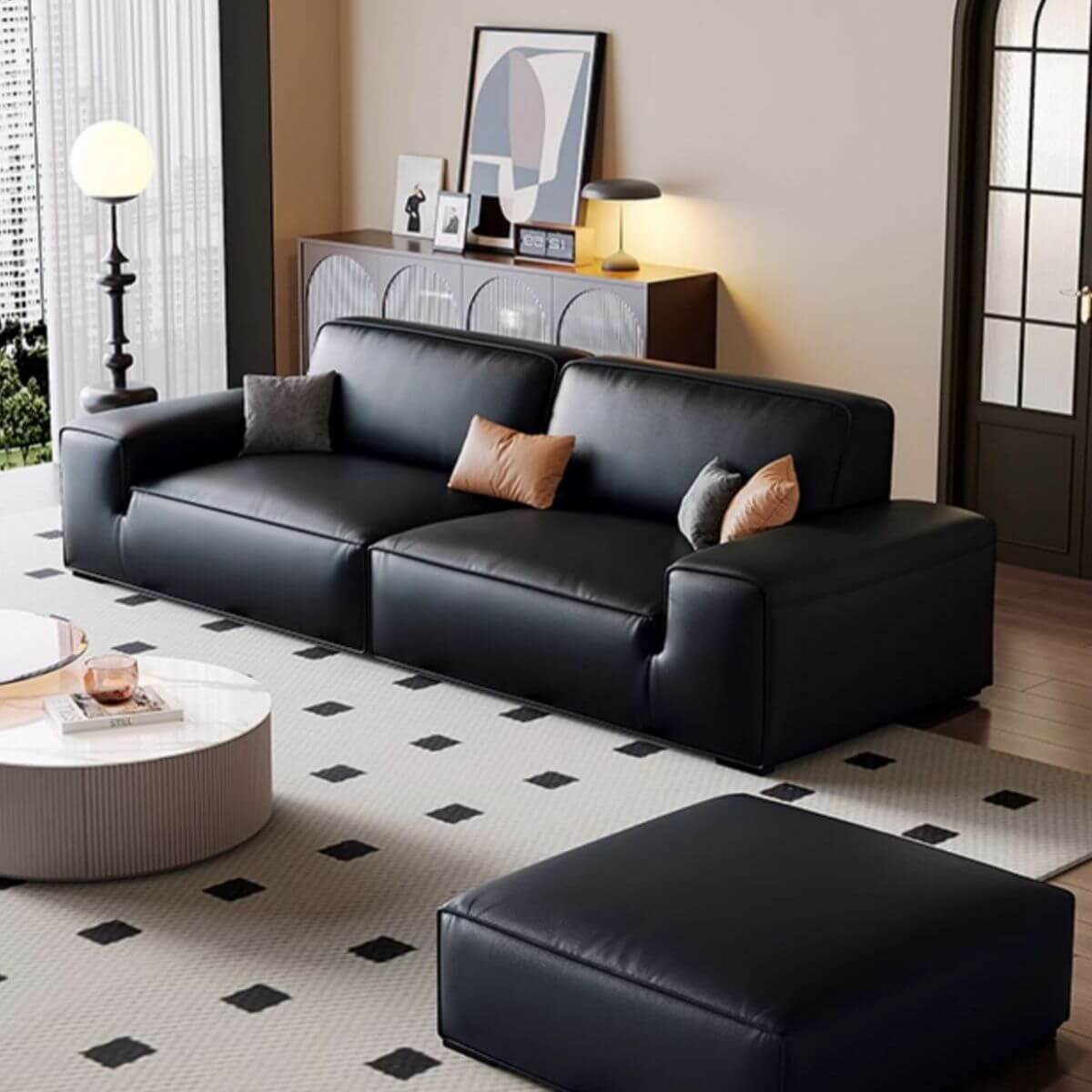 耐撕裂ミッドナイトブラックソファクーデ（アームレスト付き、リビングルーム用） サブ画像