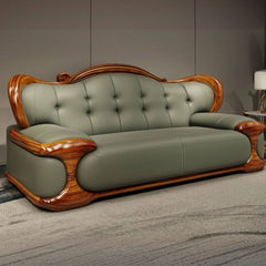 olive green loveseat with plush cushions