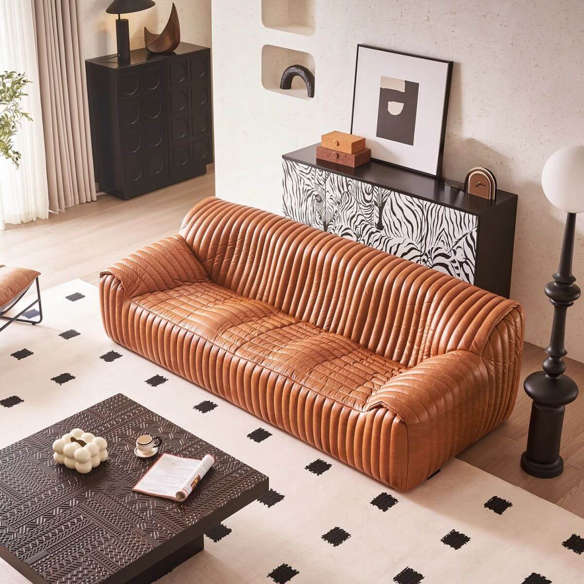 Modern apricot sofa in living room