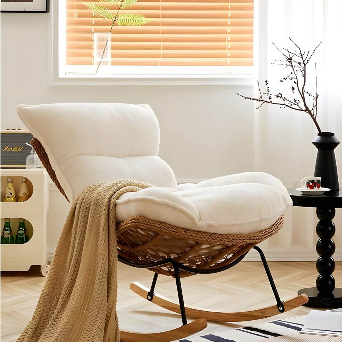 Close-up of rattan frame rocking chair