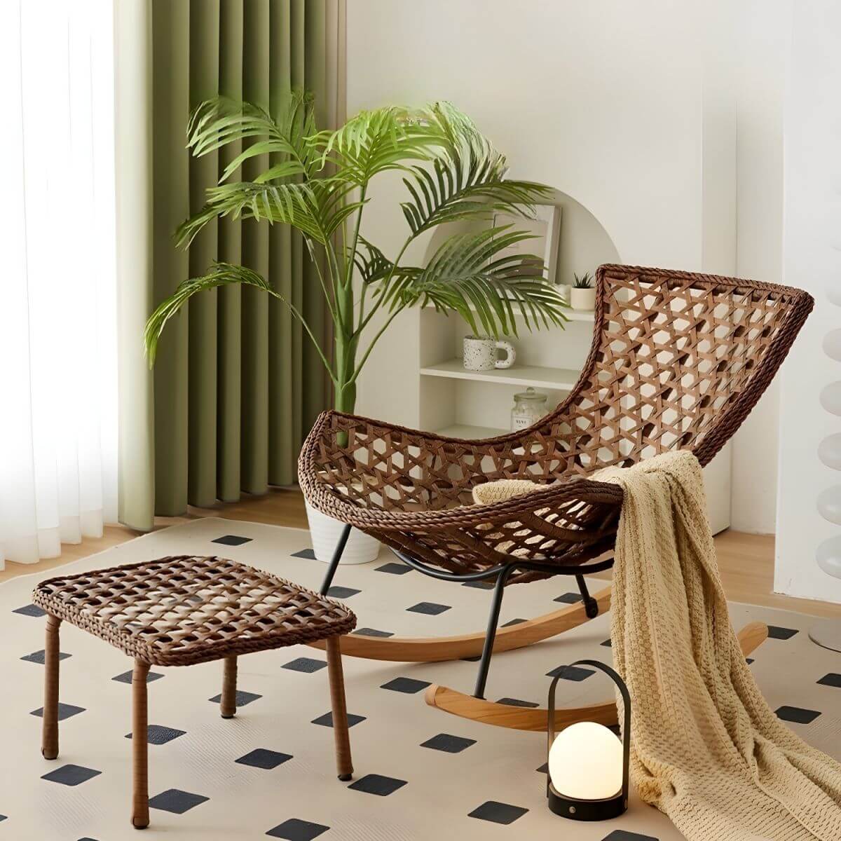 Rattan indoor rocking chair against a window