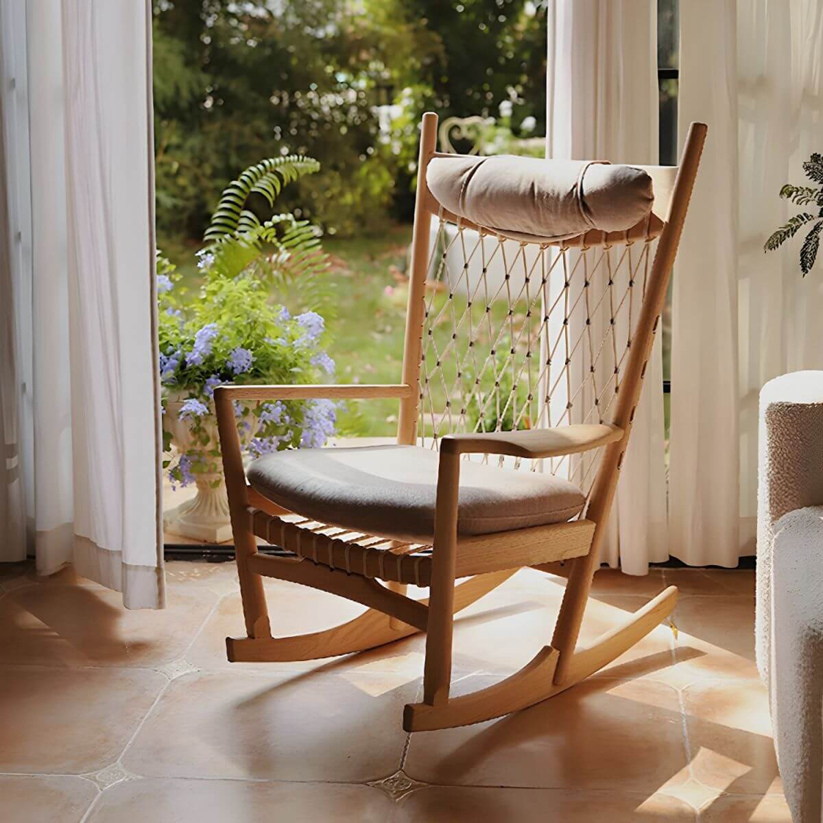 Traditional wood rocking chair with rope back Main image