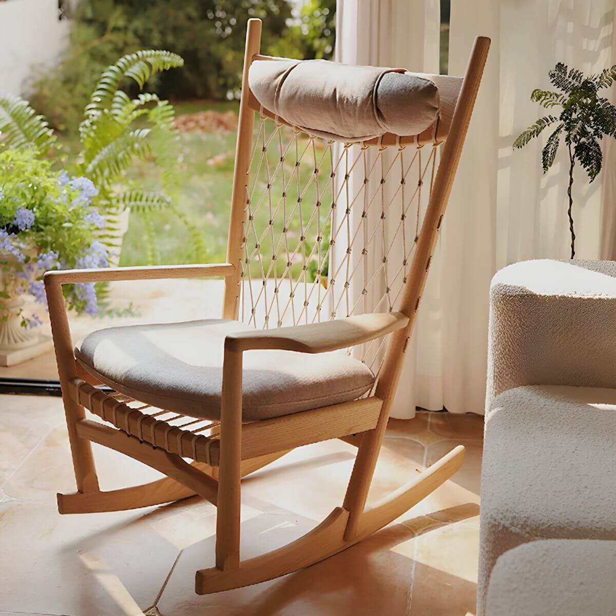 Traditional Wood Rocking Chair with Rope Back and Track Arms in Nature Secondary image