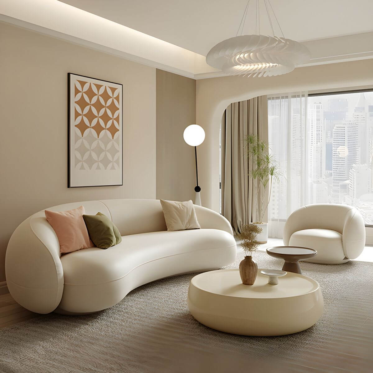 Trendy beige floor sofa with pillows