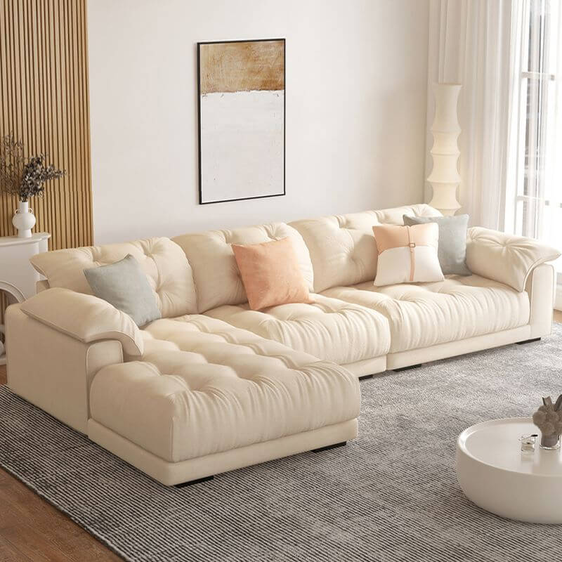 Tufted L-Shape Sofa Chaise in Cream front view