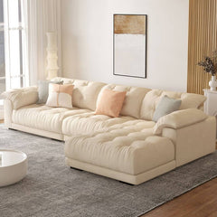 Tufted L-Shape Sofa Chaise in Cream front view