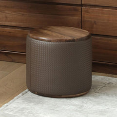 Upholstered brown vanity stool with wood frame