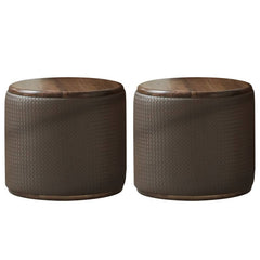 Stylish brown vanity stool set against a bright background