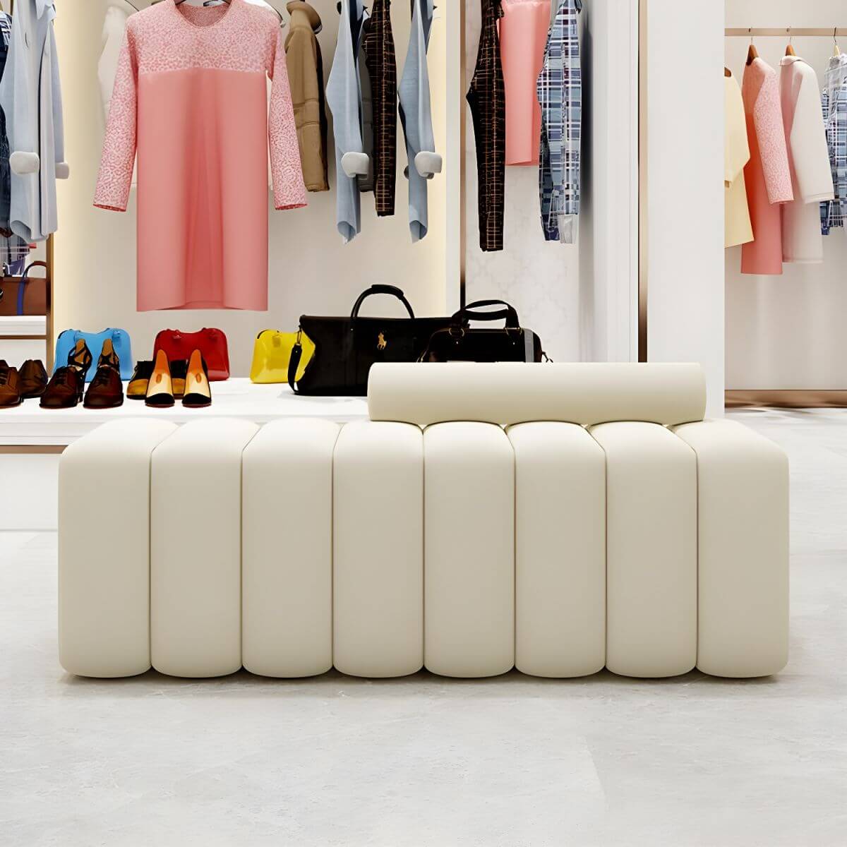 Pouf et tabouret rectangulaire standard non convertible rembourré de couleur unie beige Image secondaire du produit