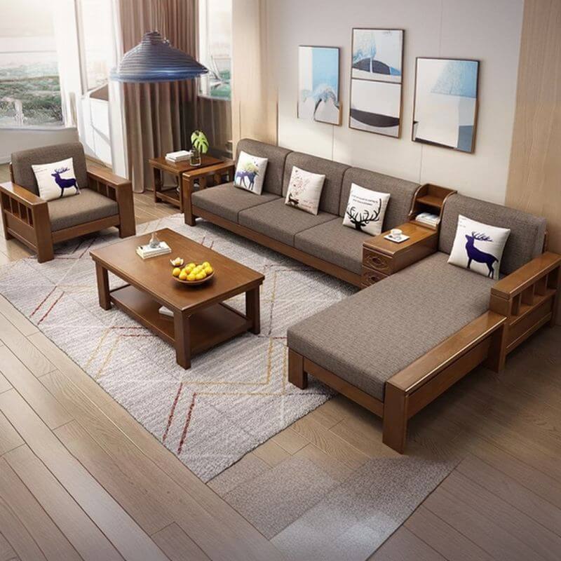 多機能グレーソファクッション、ナチュラルウッド、3-5個の枕、隠し収納付き サブ画像