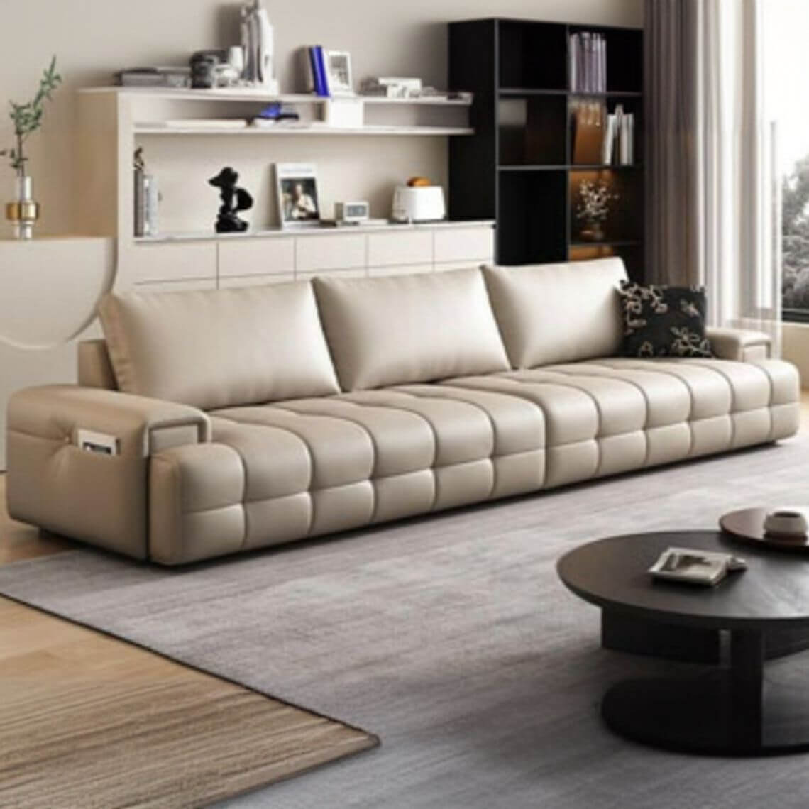 Deep mocha fabric sofa with intricate details