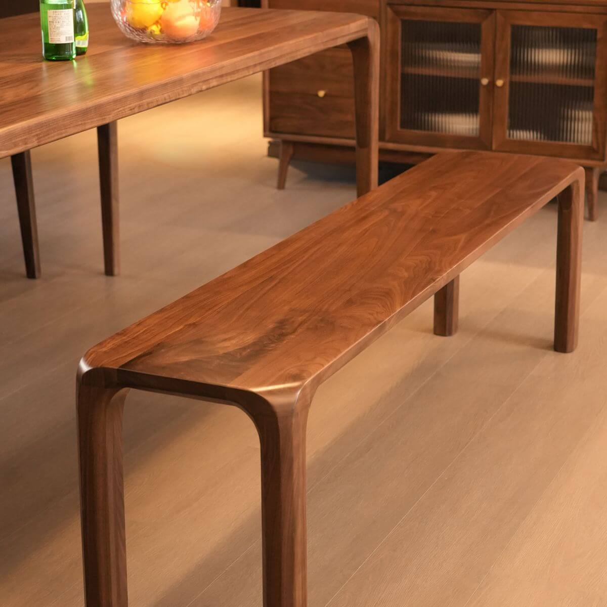 Traditional wood dining bench from the side