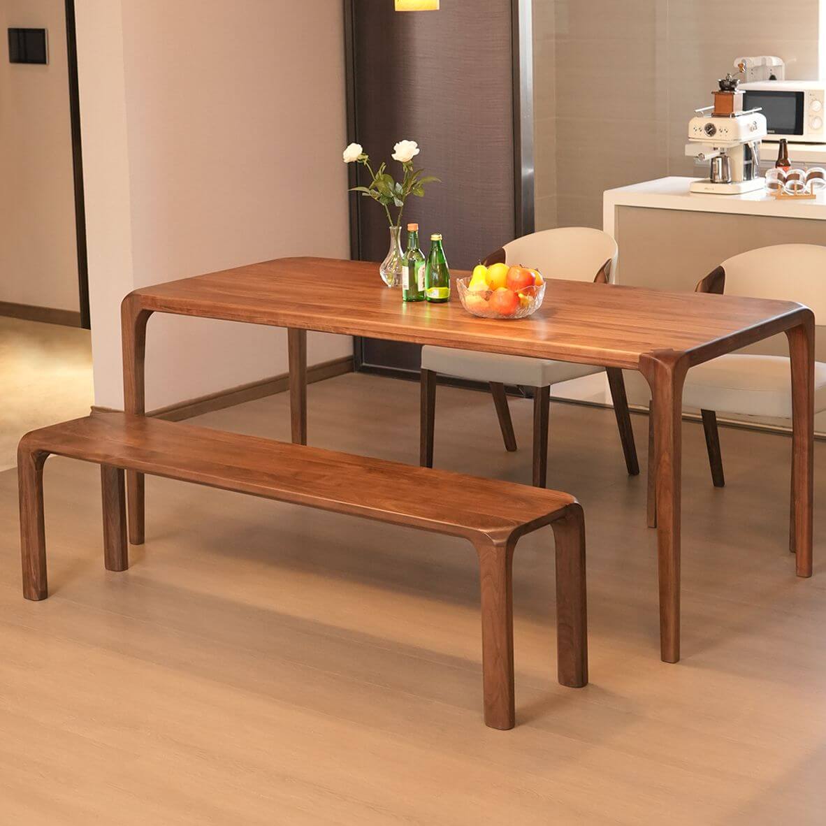 Close-up of walnut wood texture on dining bench