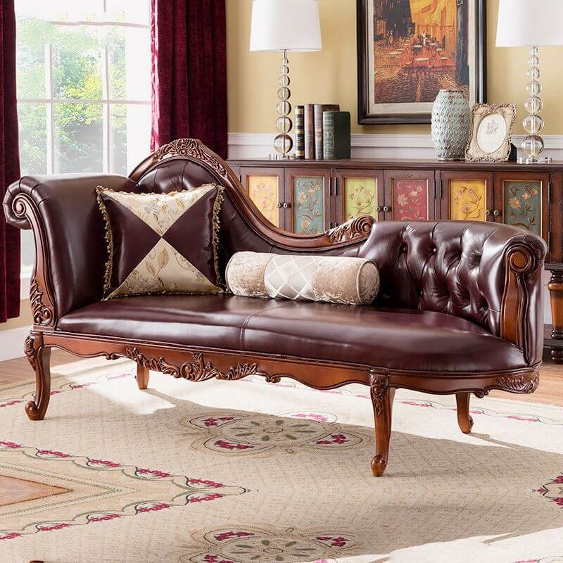 Vintage Genuine Leather Chaise Lounge Bench in living room