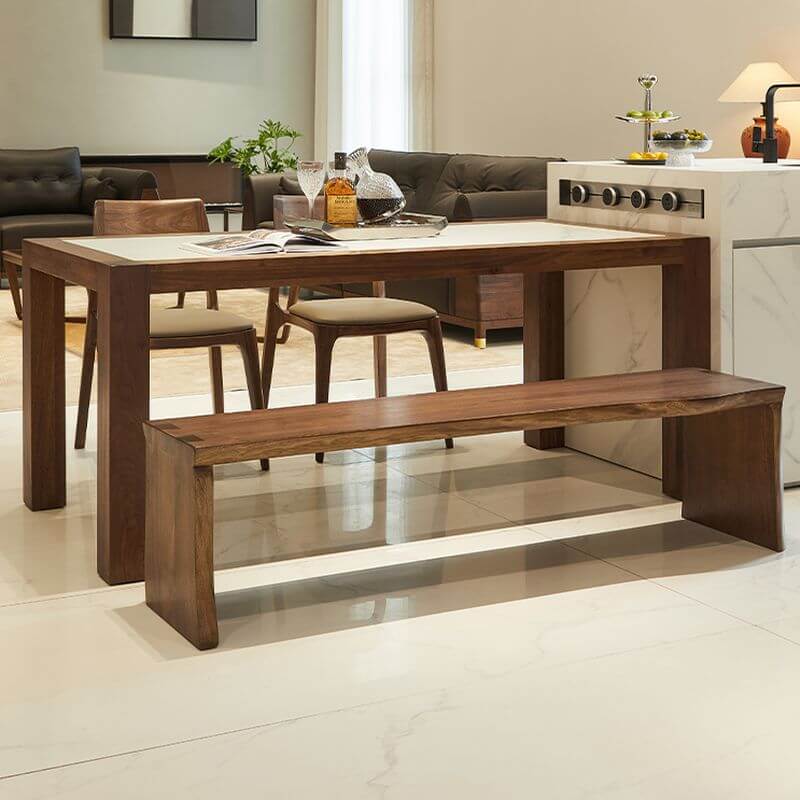 Family seated around the Vintage Sepia Wooden Dining Bench during dinner
