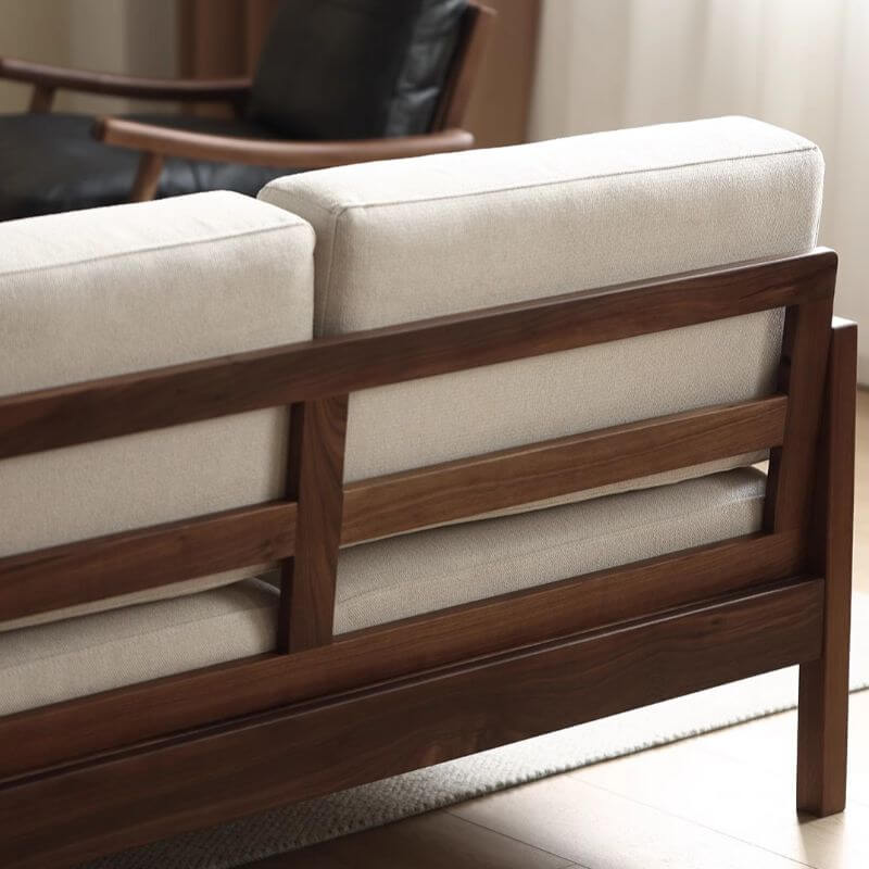 Off-White Sofa with Walnut Wood Accents