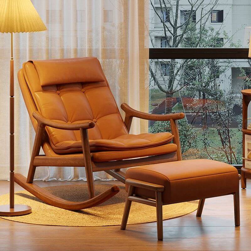 Wood rocking chair with ottoman in modern living room